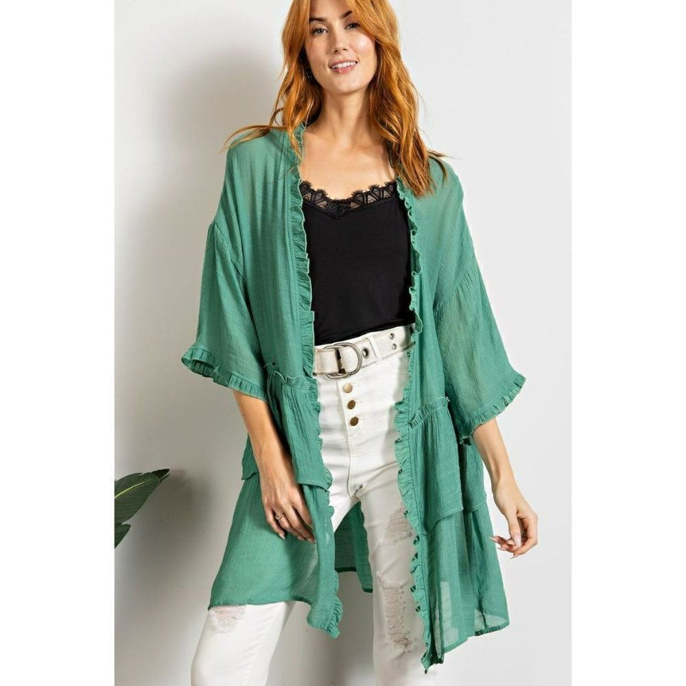Easel Lightweight Half Sleeve Double Ruffled Open Long Cardigan Wormwood ET3297 - Picture 3 of 5